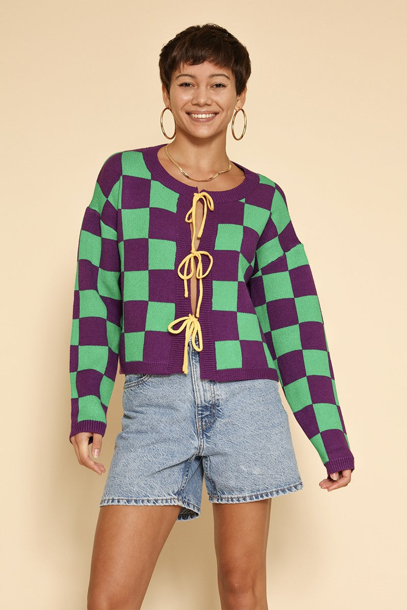 Mardi gras checkered tie front cardigans