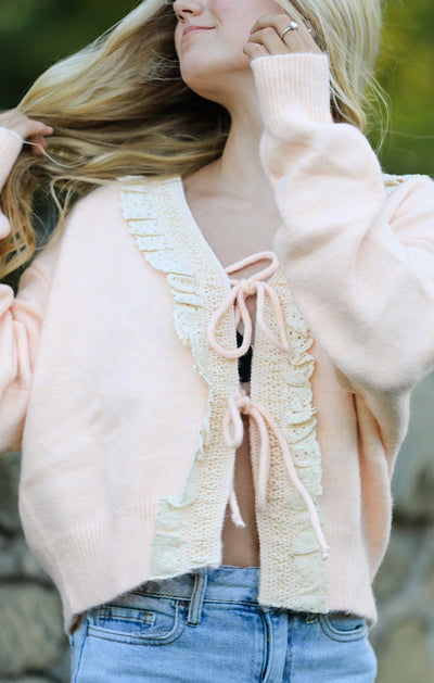 Front tie ruffled trim Cardigan