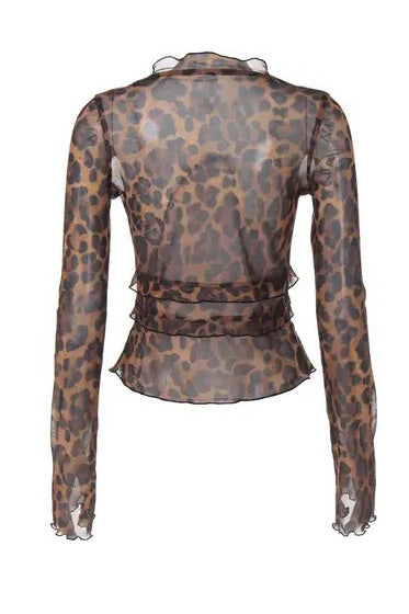 Leopard Print Mesh ruffled top