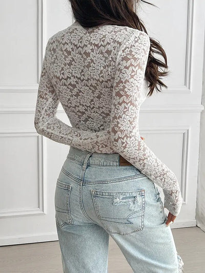 White Lace  Mesh  Tie-Front Top Women's Boho Style