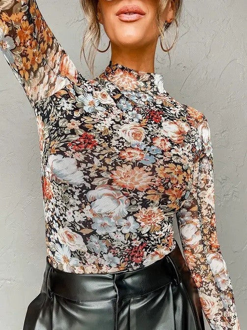 Leopard print long sleeve mesh top