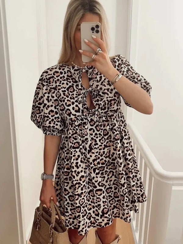 Miss Sparkling Tie Front Puff Sleeve Babydoll Dress