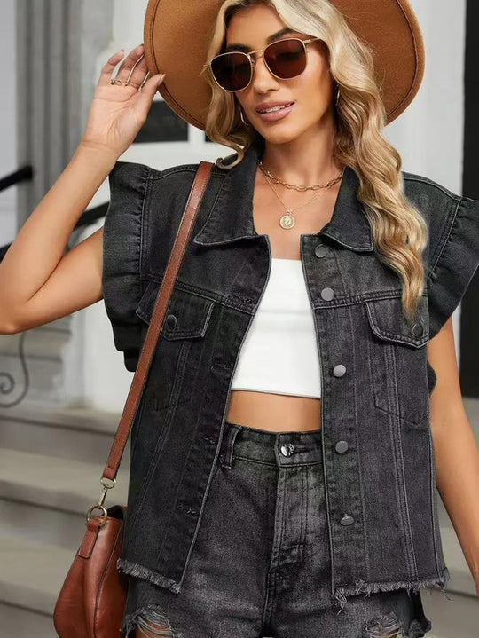 Short sleeve ruffle denim vest