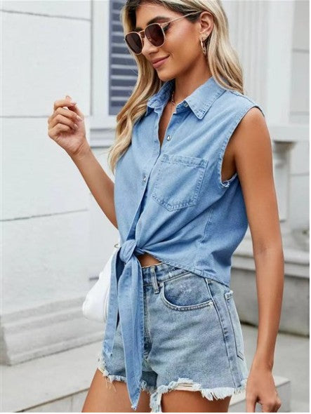 Sleeveless Denim Tie-Front Shirt