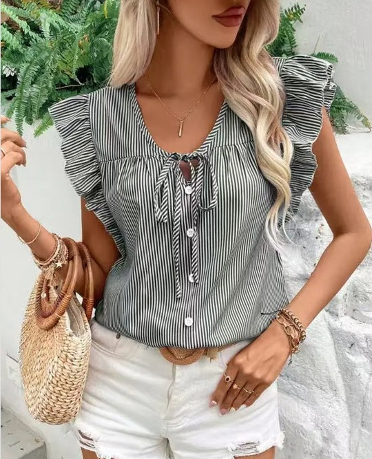 Miss Sparkling Striped ruffle tie front blouse