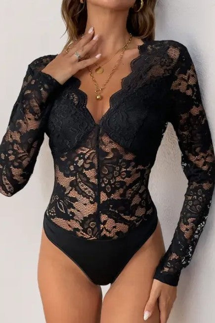 Women's  Long Sleeve Lace Mesh  Bodysuit