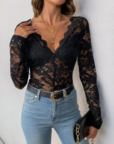 Women's  Long Sleeve Lace Mesh  Bodysuit