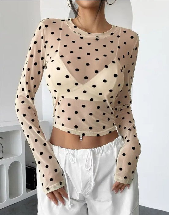 Mesh polka dot long sleeve cropped top