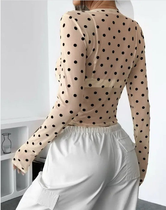 Mesh polka dot long sleeve cropped top