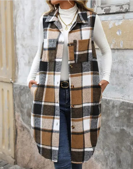 Plaid Longline Lapel Vest