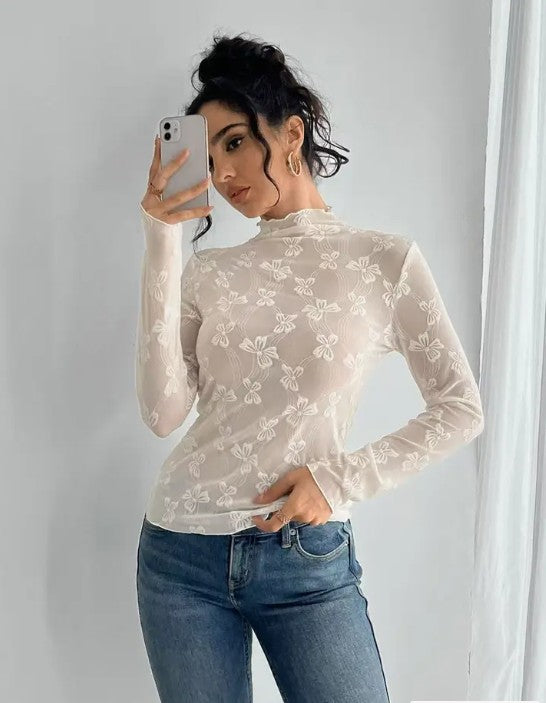 Mesh bow printed long sleeve top