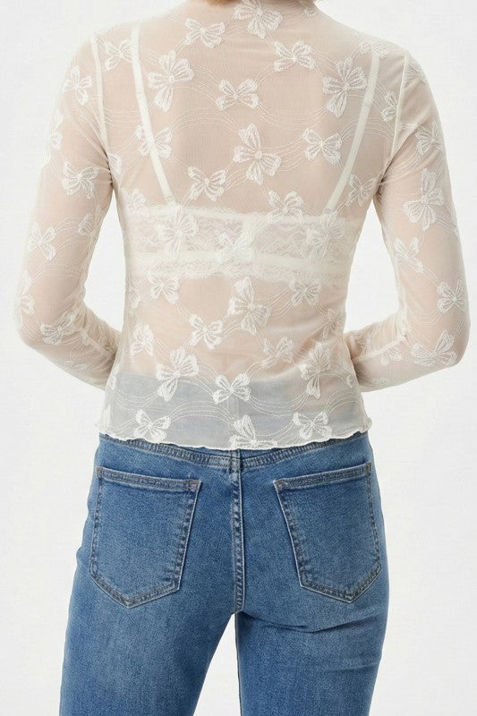 Mesh bow printed long sleeve top