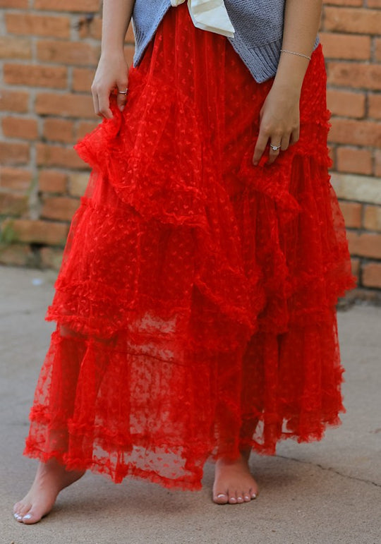 Mesh ruffle maxi skirt