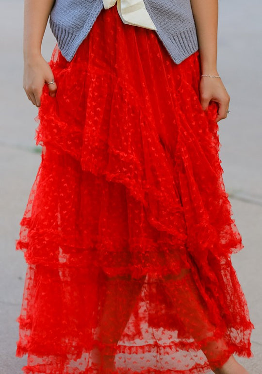 Mesh ruffle maxi skirt
