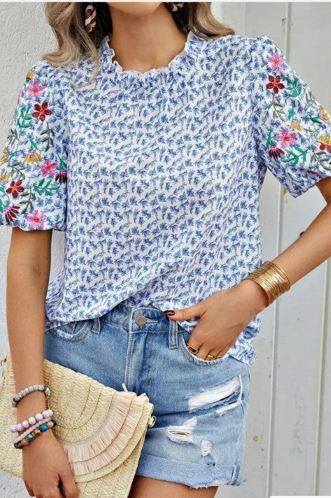 Miss Sparkling Floral Patchwork Short-Sleeve Top