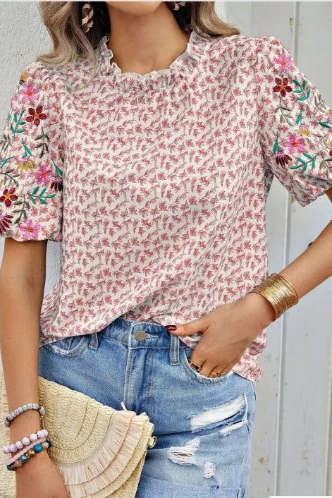 Miss Sparkling Floral Patchwork Short-Sleeve Top