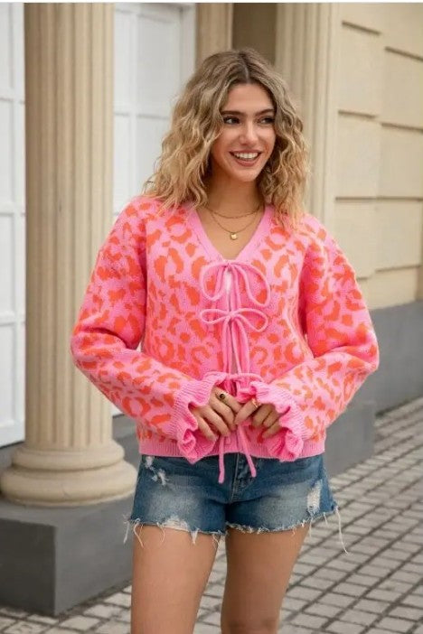 Miss Sparkling  Leopard Knit Cardigan with Front Tie
