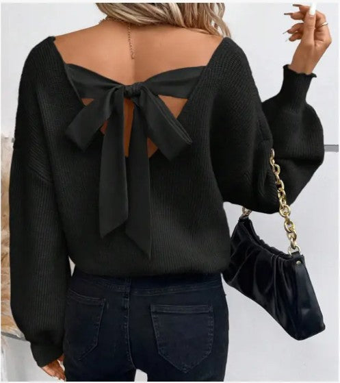 Back Tie Detail V-Neck Sweater