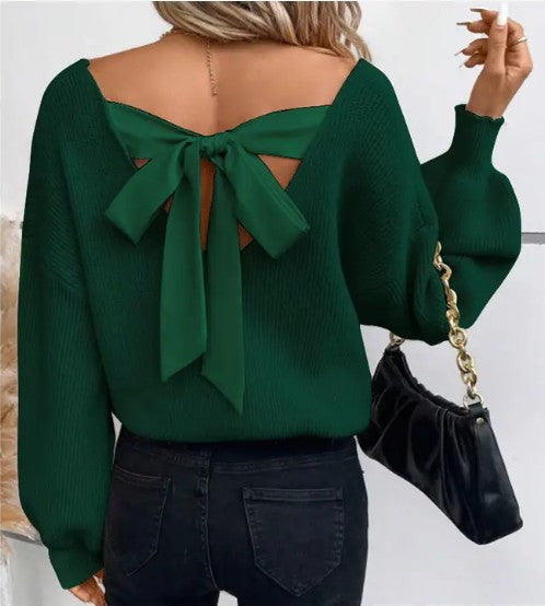 Back Tie Detail V-Neck Sweater