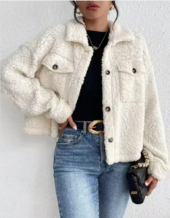 Collared Button Faux Fur Short Coat