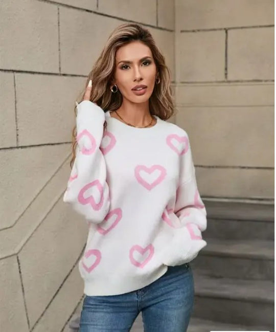 Heart Print Pullover Sweater