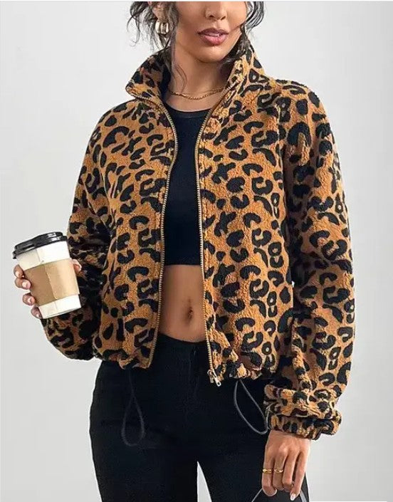 Leopard Print Fleece Zip-Up Jacket