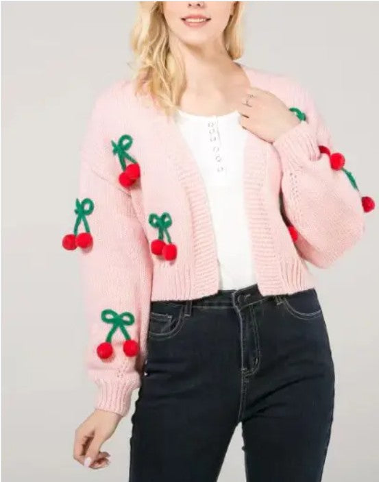Cherry Pom-Pom Cardigan
