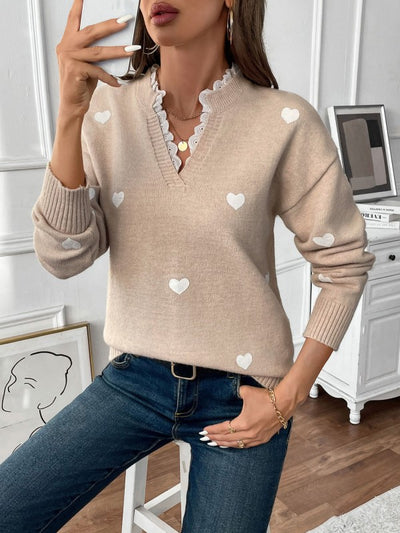 Heart Print Lace Trim Sweater
