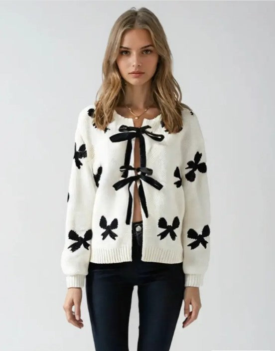 Bow Print Tie-Front Cardigan