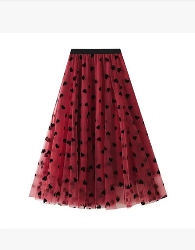 Heart Print Tulle Midi Skirt