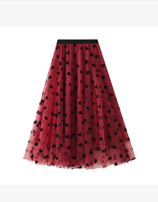 Heart Print Tulle Midi Skirt