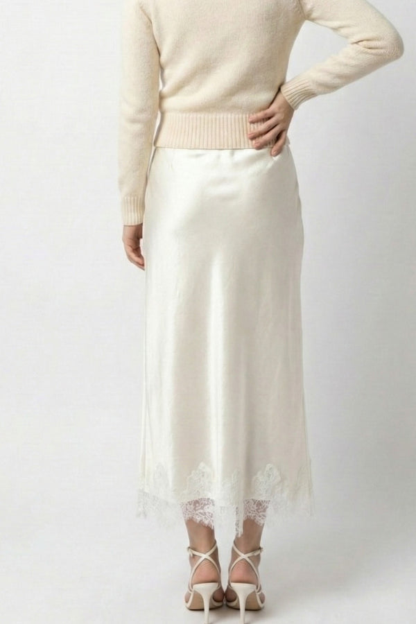 Satin Midi Skirt with Lace Trim