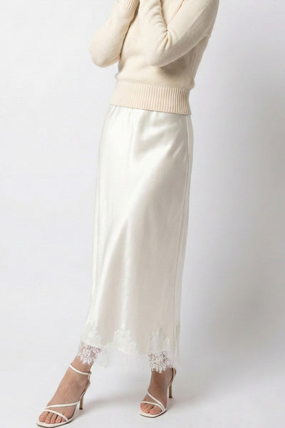 Satin Midi Skirt with Lace Trim