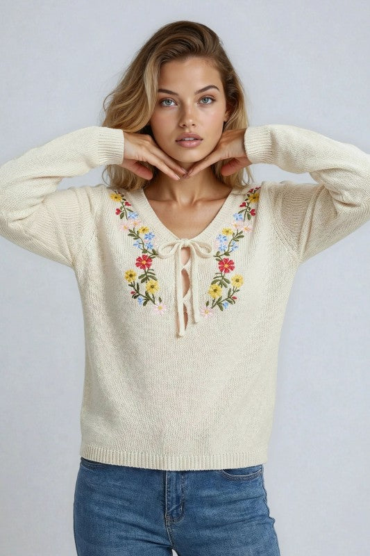 Miss Sparkling Floral Embroidered V-Neck Sweater