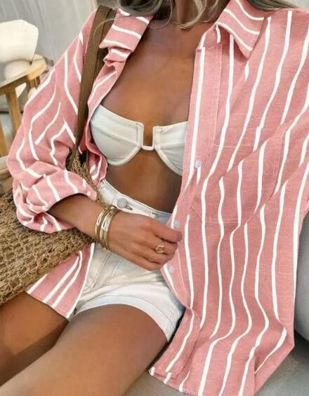 Miss Sparkling Oversized Striped Button-Up Shirt