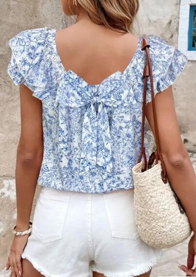 Floral Ruffled Back-Bow Blouse
