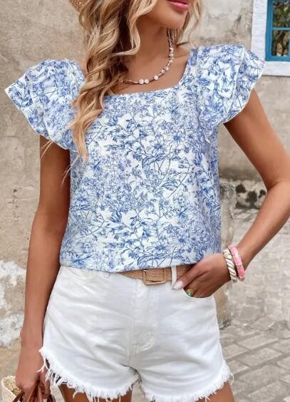Floral Ruffled Back-Bow Blouse