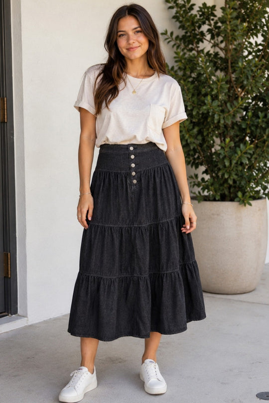 High-Waist Tiered Denim Maxi Skirt