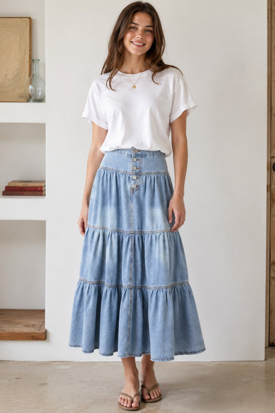 High-Waist Tiered Denim Maxi Skirt