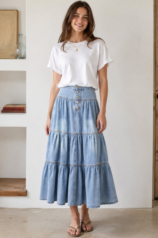 High-Waist Tiered Denim Maxi Skirt