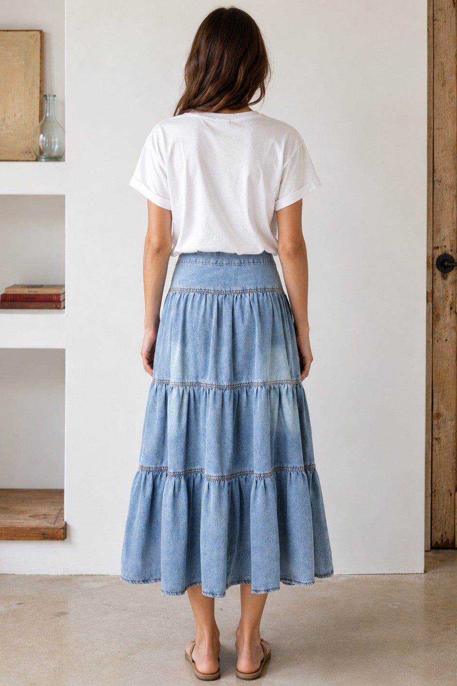 High-Waist Tiered Denim Maxi Skirt