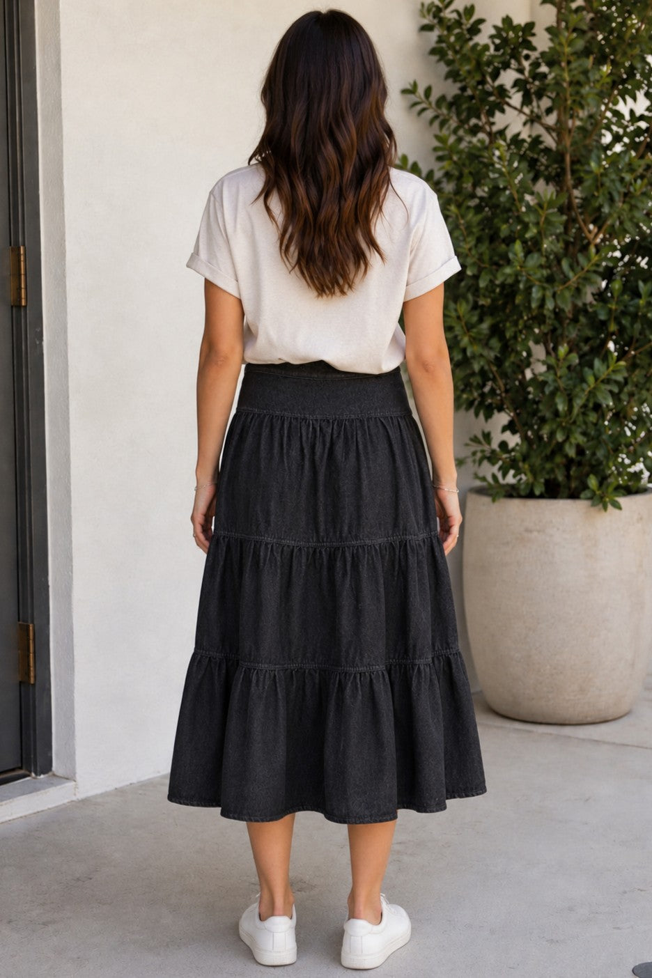 High-Waist Tiered Denim Maxi Skirt