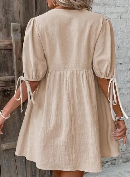 Miss Sparkling V-Neck Tie-Detail Puff Sleeve Mini Dress