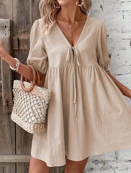 Miss Sparkling V-Neck Tie-Detail Puff Sleeve Mini Dress