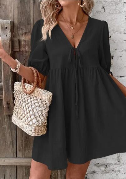 Miss Sparkling V-Neck Tie-Detail Puff Sleeve Mini Dress
