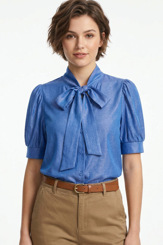 Miss Sparkling Tie-Neck Puff Sleeve Denim Blouse