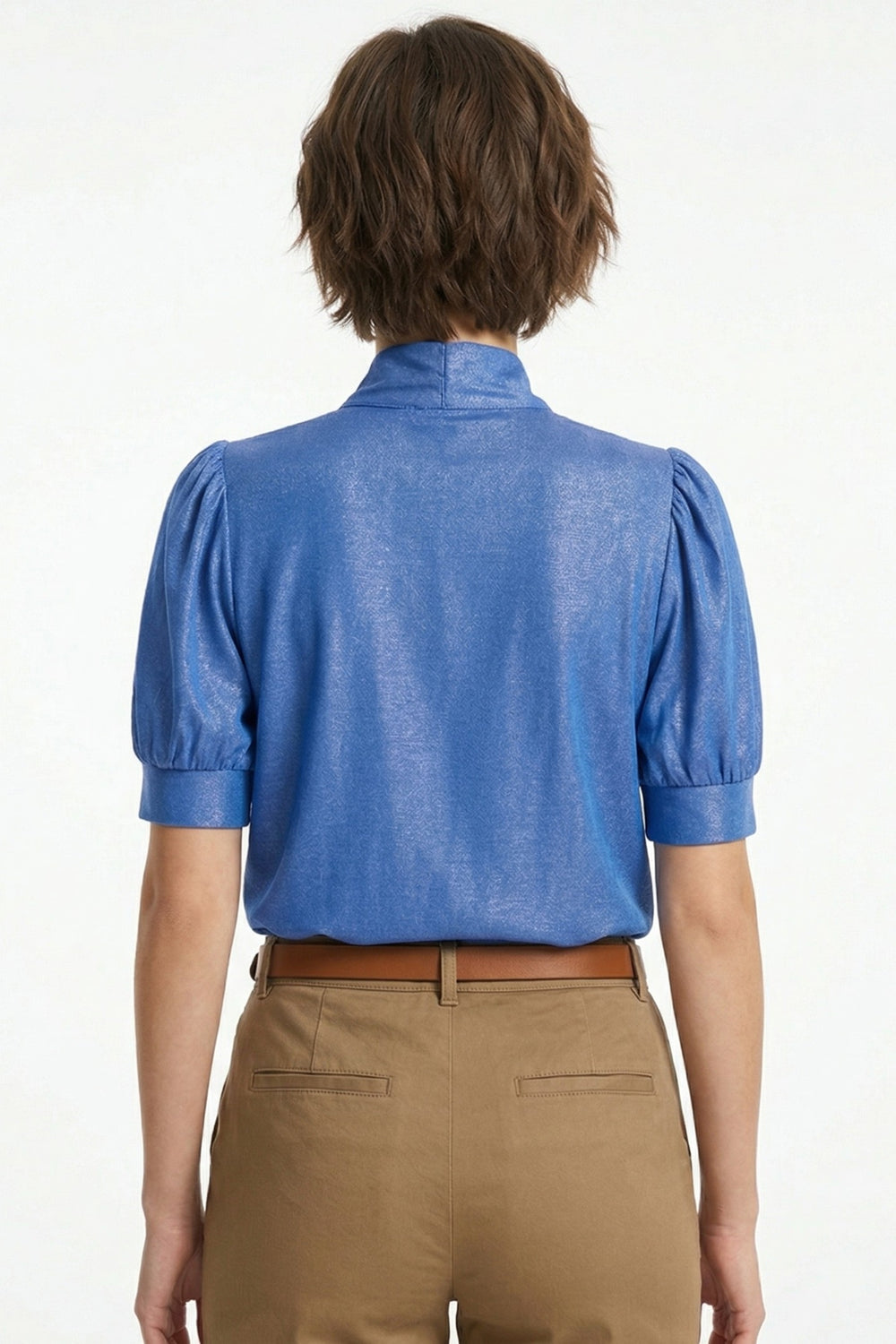 Miss Sparkling Tie-Neck Puff Sleeve Denim Blouse