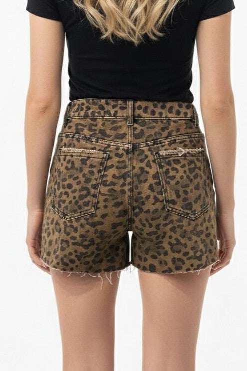 Leopard Print Frayed Hem Denim Shorts