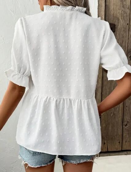Miss Sparkling Dot Ruffle Trim V-Neck Blouse