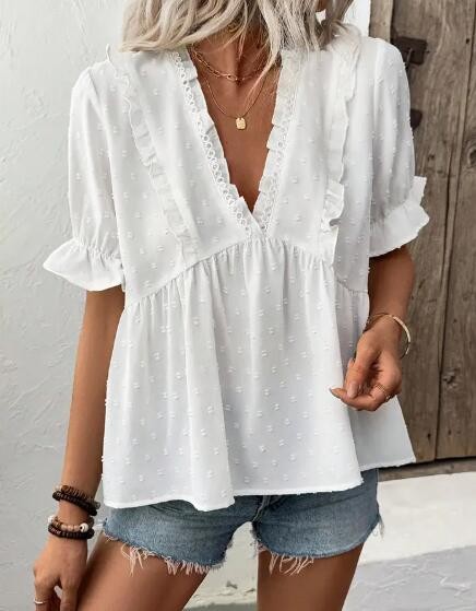 Miss Sparkling Dot Ruffle Trim V-Neck Blouse